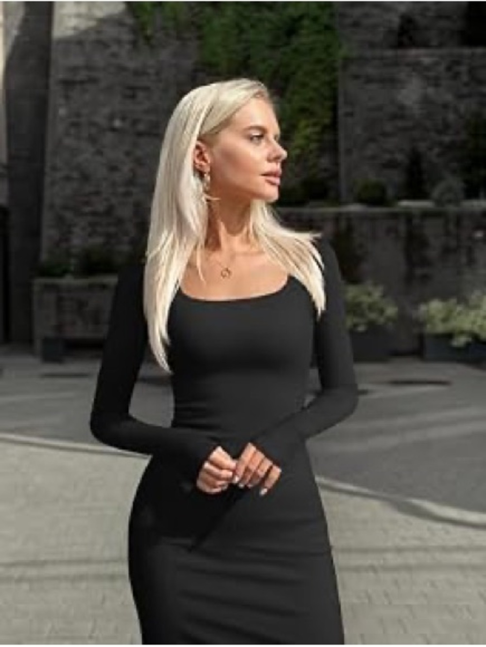 NEW! OQQ Black Square Neck Ribbed Long Sleeve Bodycon Maxi Dress Size Large